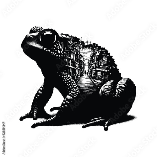 silhouette of toad, filled with ghetto street in rough drawing, animal,