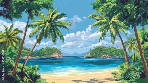 A serene tropical beach scene with palm trees and clear blue water under a sunny sky.