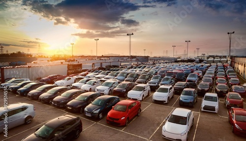 Sunset View of Car Parking Lot Filled with Various Vehicles