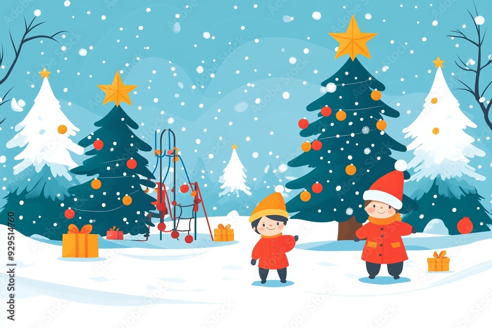 A charming illustration of a winter scene featuring three children playing in the snow, surrounded by decorated Christmas trees. A charming illustration of a winter scene featuring three children playing in the snow, surrounded by decorated Christmas trees.