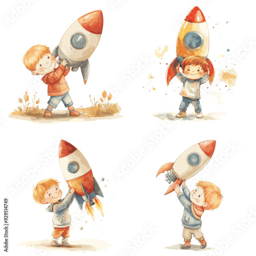 A series of four children holding a rocket. The first child is holding the rocket with his right hand, the second child is holding the rocket with his left hand