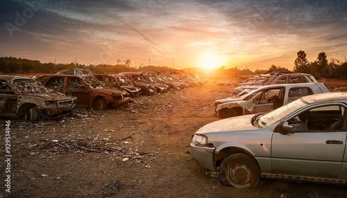 Abandoned Cars in a Junkyard at Sunset