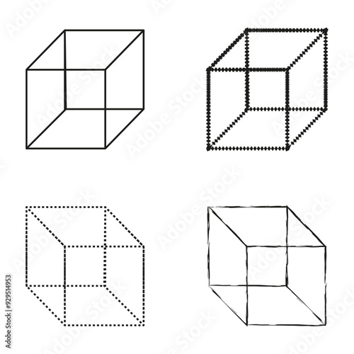 Geometric cube icons. Different cube styles. Vector 3D shapes. Black outline design.