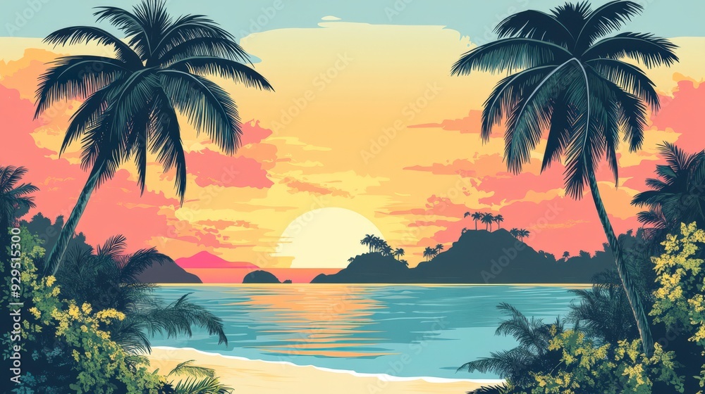 A serene tropical sunset over the ocean with palm trees and distant islands. A serene tropical sunset over the ocean with palm trees and distant islands.