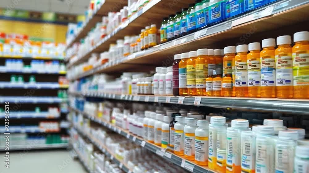 Numerous bottles of medication are neatly arranged on shelves in a pharmacy, showcasing different colors and labels in a well-organized display. Numerous bottles of medication are neatly arranged on shelves in a pharmacy, showcasing different colors and labels in a well-organized display.