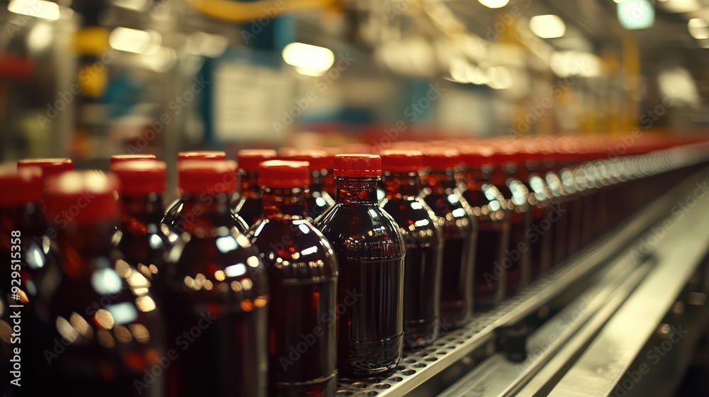 Large-scale production of beverages in a bottling plant, with rows of bottles moving along the line. Large-scale production of beverages in a bottling plant, with rows of bottles moving along the line.