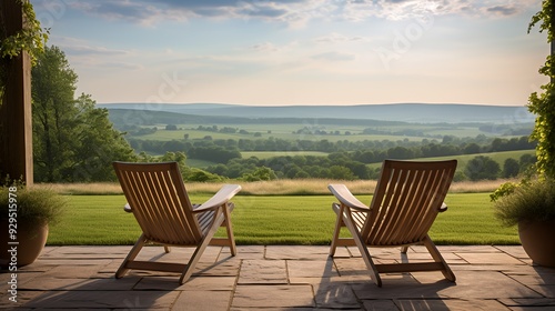 A serene view from a patio with two chairs overlooking a lush landscape.