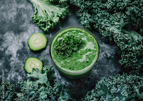 Kale smoothie with leafy greens served in a glass, high-quality photo, vibrant green color, studio shot with a focus on texture and freshness. 

 photo