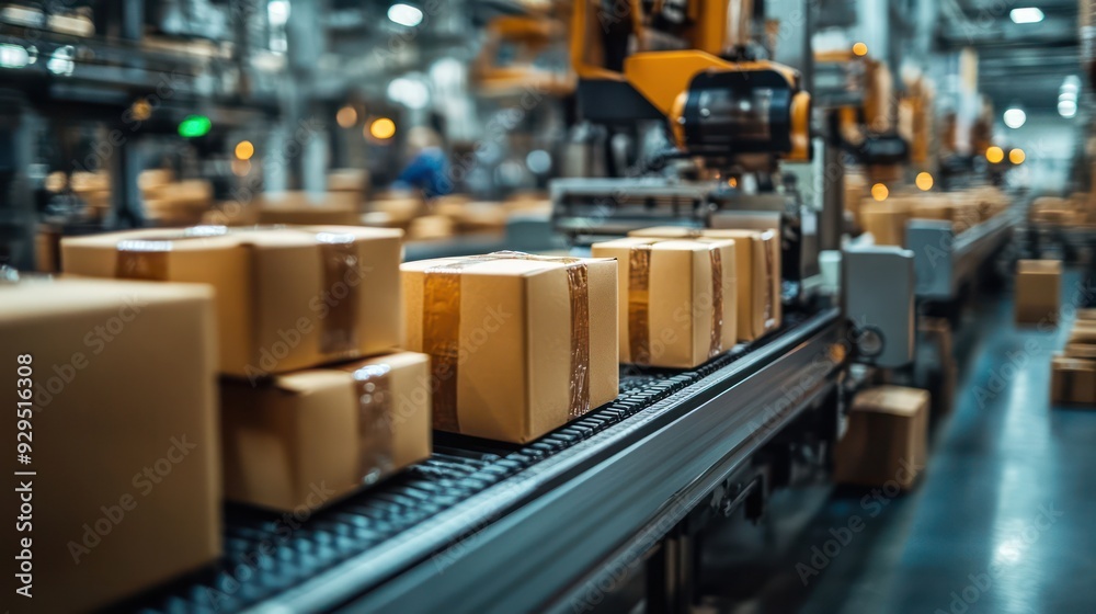 Fototapeta premium Packaging line in a food processing plant, with products being sealed and boxed for shipment.