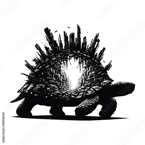 silhouette of tortoise, filled with destroyed futuristic dystopia environment in rough drawing, animal,