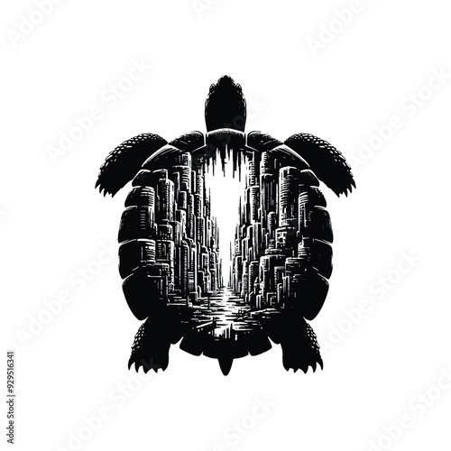 silhouette of tortoise, filled with destroyed futuristic dystopia environment in rough drawing, animal,