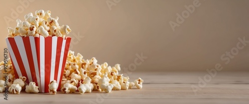 Spilled Popcorn in Red and White Striped Bucket on Wooden Table