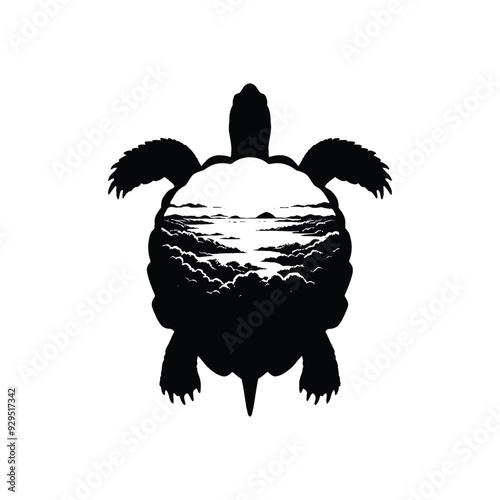 silhouette of tortoise, filled with nature view in rough drawing, animal,