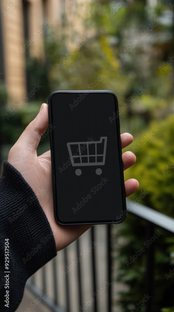 A person is holding a cell phone with a shopping cart icon on it. Concept of shopping and the convenience of using a mobile device for this purpose A person is holding a cell phone with a shopping cart icon on it. Concept of shopping and the convenience of using a mobile device for this purpose