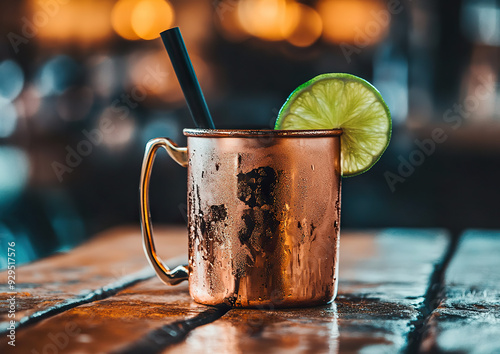 Moscow Mule served in a copper mug, garnished with a lime wedge. High-quality professional food photograph with a clean background and attractive angle view composition.  

 photo
