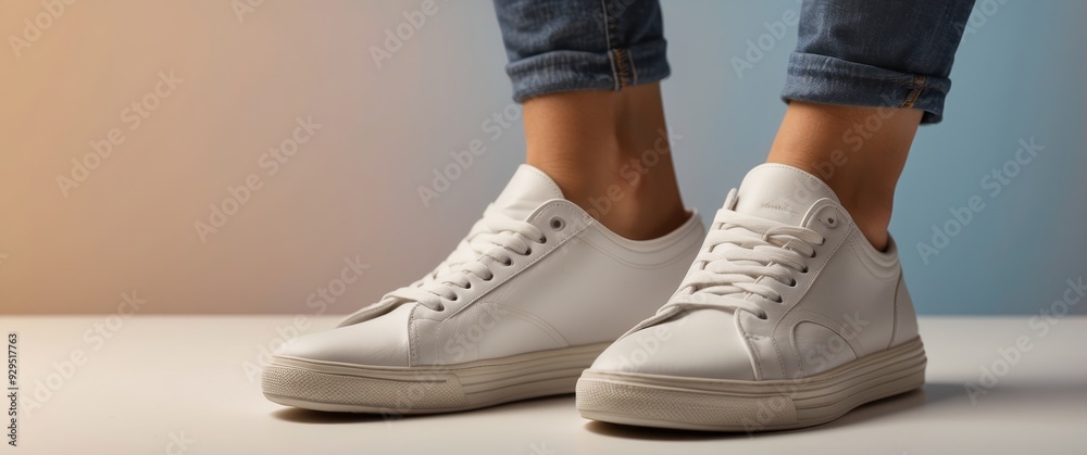 White Leather Sneakers with Rolled-Up Jeans on a Light Background White Leather Sneakers with Rolled-Up Jeans on a Light Background