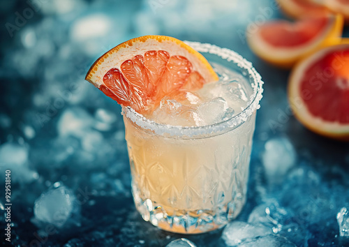 Glass of Paloma cocktail with a salted rim and a slice of grapefruit, shot from an angle view emphasizing the drink's refreshing appearance on a wooden surface. 

 photo