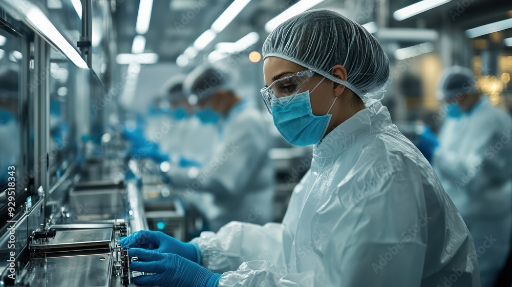 Workers overseeing an automated assembly line in a cleanroom environment, ensuring sterile production. Workers overseeing an automated assembly line in a cleanroom environment, ensuring sterile production.