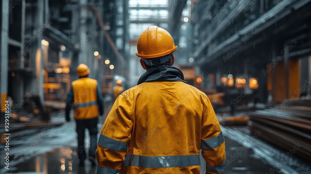 A Workers wearing helmets and safety gear on a construction site, emphasizing industrial safety. A Workers wearing helmets and safety gear on a construction site, emphasizing industrial safety.