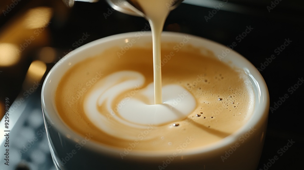Milk foam pouring into cappuccino cup. Coffee background