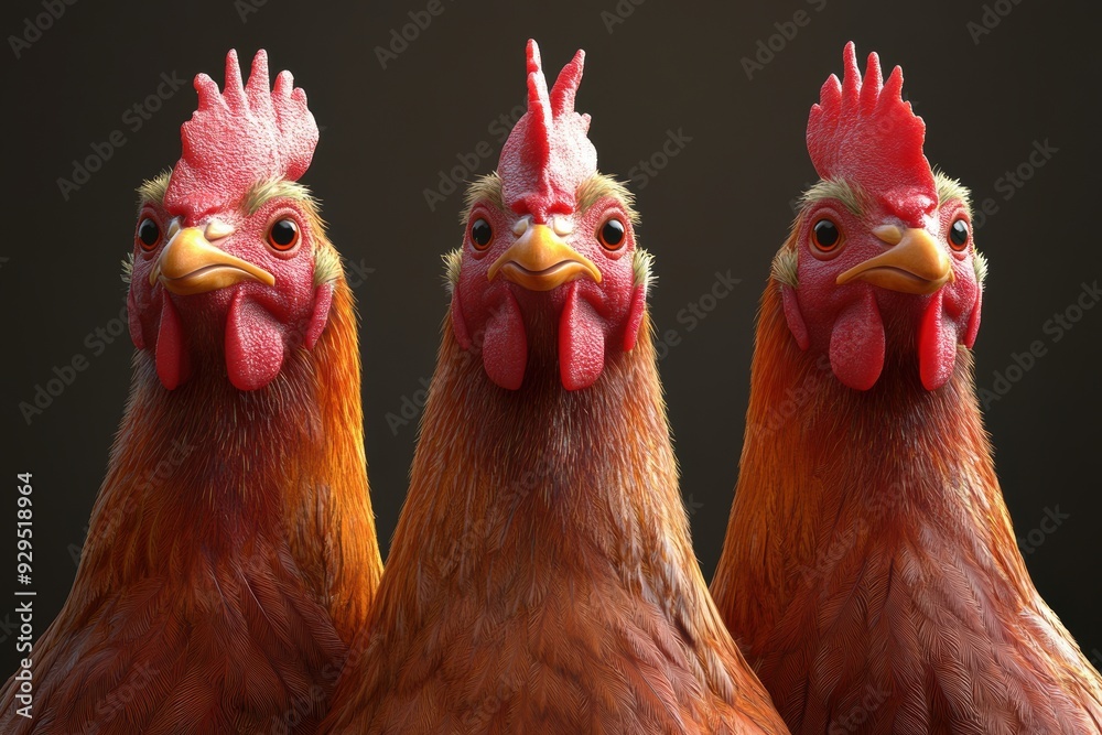 Naklejka premium A detailed close-up of three chickens standing side by side, showcasing their vibrant feathers, expressive eyes, and distinct combs against a dark background.