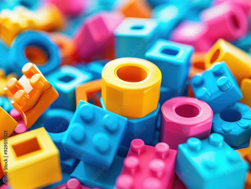 Naklejka premium Colorful Plastic Building Blocks, Vibrant Fun and Playful Joy with Rich Textures, Close-up Macro Photography of Toy Bricks, Abstract Background Image of Colorful Shapes, Joyful Play Texture, Kids