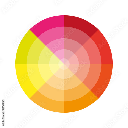 Color wheel illustration. Warm gradient tones. Circular segmented design. Vivid hues blend.