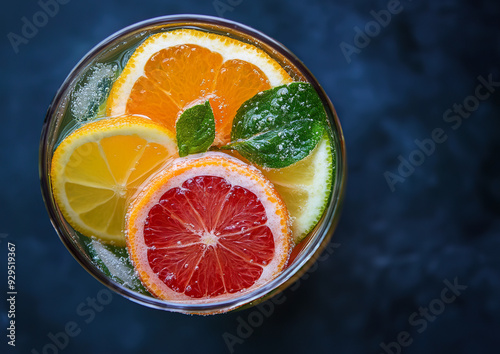 Sparkling citrus punch glass filled with mixed citrus slices and bubbles, professional beverage photo, top angle view composition  

 photo