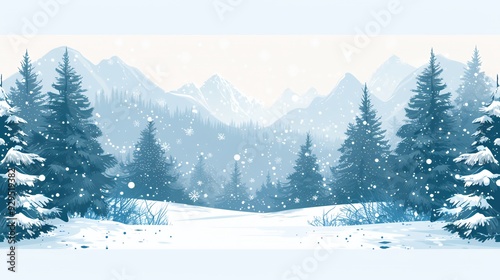 A serene winter landscape featuring snow-covered mountains and coniferous trees.