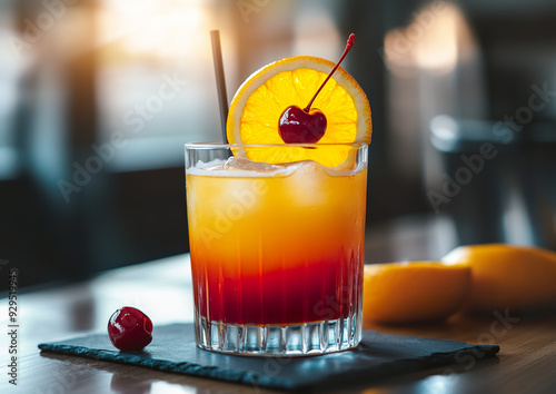 Glass of Tequila Sunrise cocktail garnished with orange slice and cherry, shot from an elevated angle, emphasizing the vibrant colors and layers of the drink.  

 photo