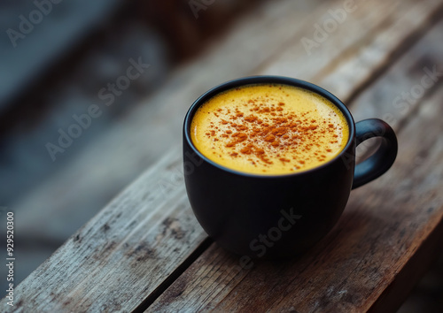 Turmeric latte topped with a cinnamon sprinkle, presented in a high-quality professional food photo, captures a close-up angle view of the beverage with a warm ambiance.

 photo