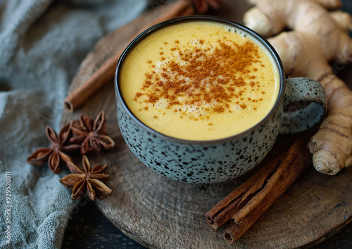 Turmeric latte with a sprinkle of cinnamon, presented in a professional high-quality composition. The beverage is displayed in a bright, inviting setting.