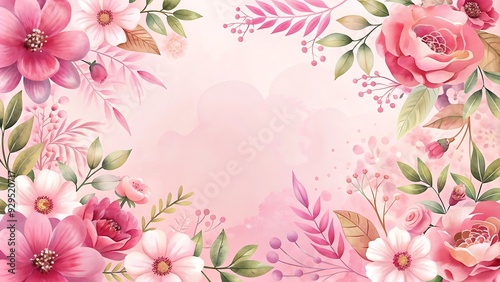 Watercolor Floral Border with Pink and White Flowers.