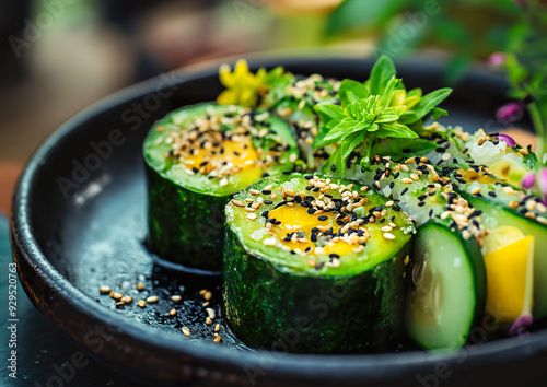 Vegan sushi rolls made with avocado and cucumber, presented on a bamboo mat, high-quality food photography, top-down view composition.  

 photo