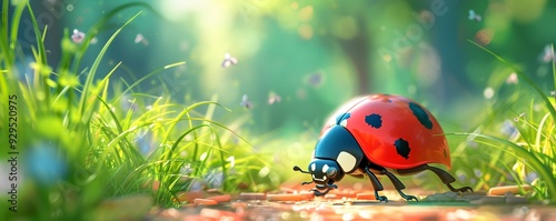 A ladybug walks through a vibrant green meadow with blurry flowers and sunlight