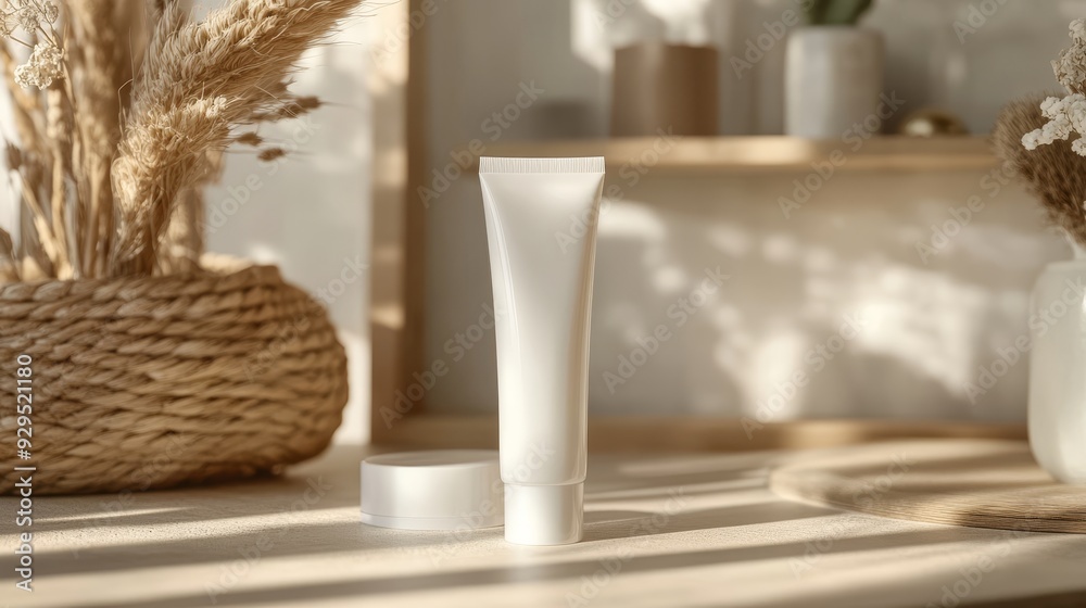 Blank white cosmetic tube in cozy interior Blank white cosmetic tube in cozy interior