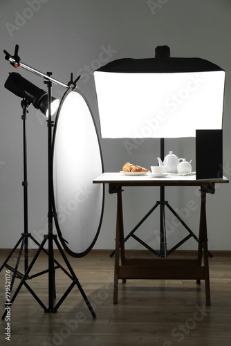 Shooting food in photo studio with professional lighting equipment