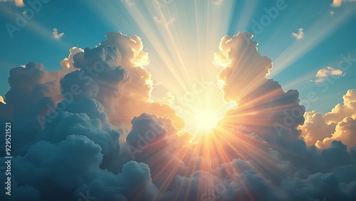 Majestic sky with divine light shining through the clouds, symbolizing faith and spirituality photo