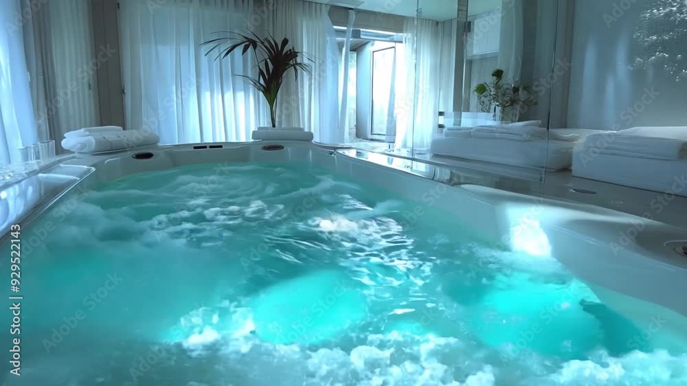A tranquil spa environment featuring a luxurious jacuzzi, large windows letting in natural light, and elegant decor for ultimate relaxation. A tranquil spa environment featuring a luxurious jacuzzi, large windows letting in natural light, and elegant decor for ultimate relaxation.