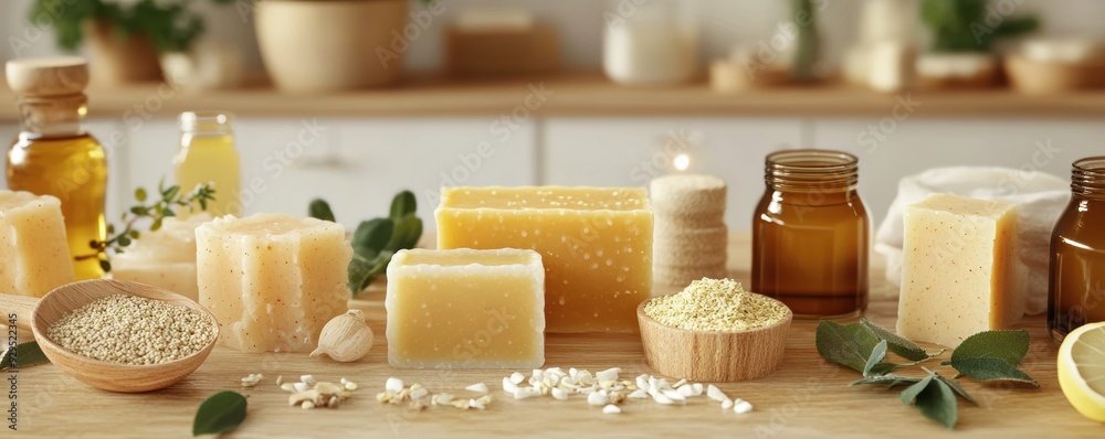 A selection of handmade natural soaps, surrounded by organic ingredients like oats and essential oils, displayed on a wooden table in a serene setting. A selection of handmade natural soaps, surrounded by organic ingredients like oats and essential oils, displayed on a wooden table in a serene setting.