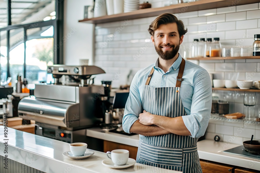 Confident Barista in Apron at Coffee Shop Counter. Confident Barista in Apron at Coffee Shop Counter.
