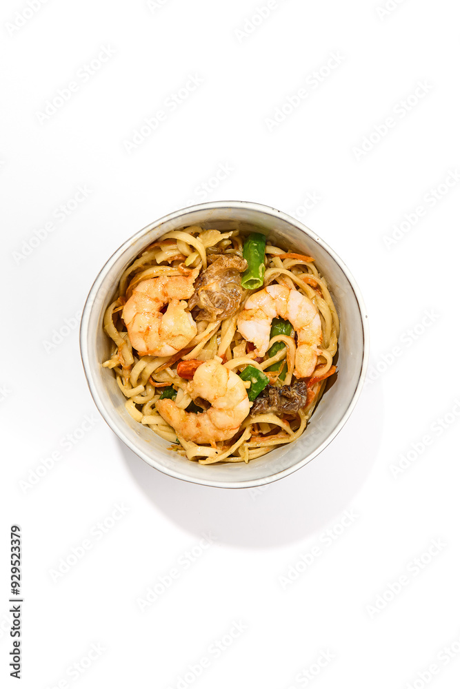 Creamy Shrimp Wok Noodles in a Bowl Isolated on White Background Creamy Shrimp Wok Noodles in a Bowl Isolated on White Background