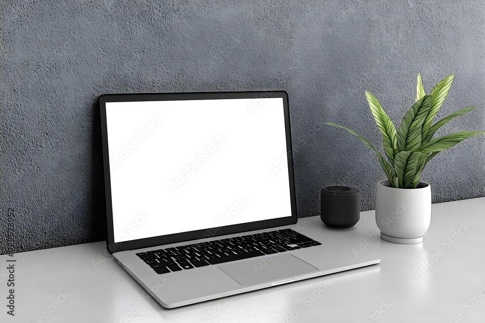 Fototapeta premium Laptop with blank screen display on white table. 3d render