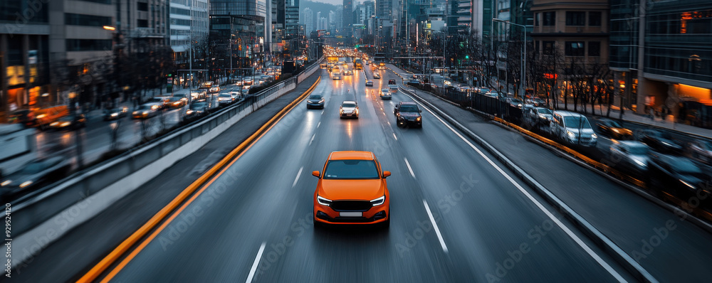 An orange car drives in the center lane of a busy city highway, with surrounding traffic and tall buildings visible in the background. An orange car drives in the center lane of a busy city highway, with surrounding traffic and tall buildings visible in the background.