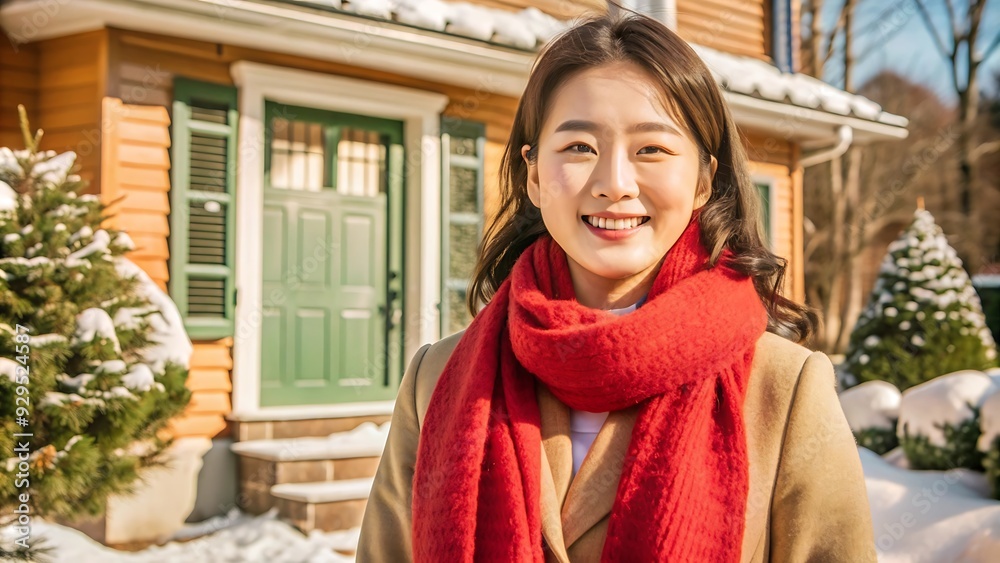 Happy young woman in a red scarf standing in front of a house in winter. Happy young woman in a red scarf standing in front of a house in winter.