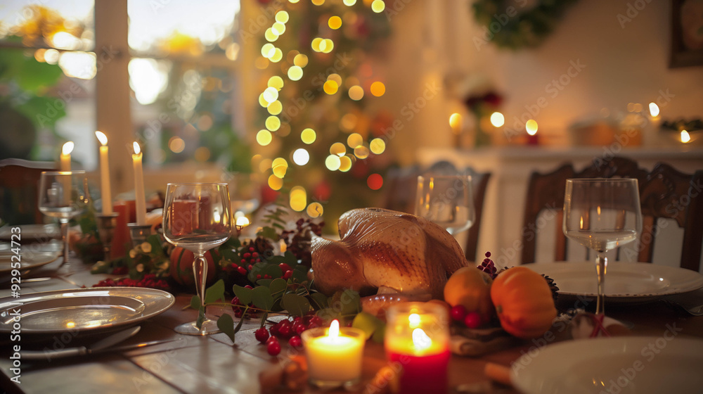Cozy holiday dinner table with roasted turkey and candles Cozy holiday dinner table with roasted turkey and candles