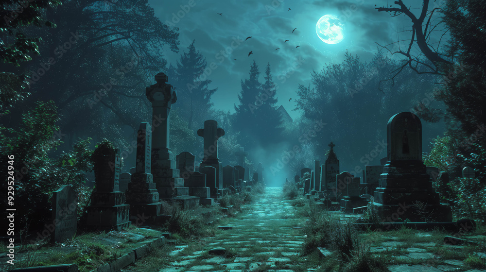 Spooky Cemetery Landscape Under a Full Moon Spooky Cemetery Landscape Under a Full Moon