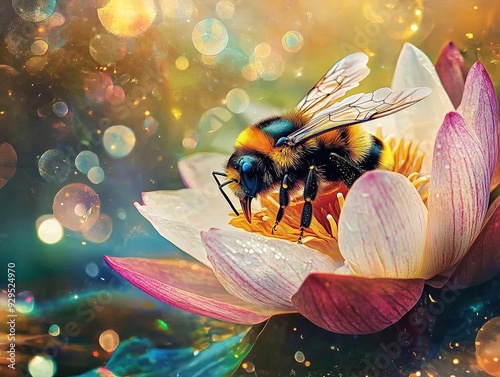 Stunning Macro Closeup of a Colorful Bumble Bee on White Lotus at Night, Moonlit Garden Scene with Rainbow Lens Flares and Sparkles, Symbolizing Nature's Beauty and Serenity. photo