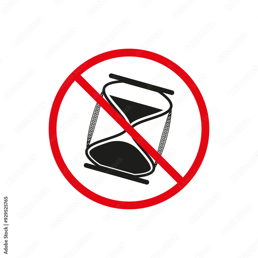No waiting icon. Black hourglass crossed out. Red prohibition sign. Simple vector symbol. No waiting icon. Black hourglass crossed out. Red prohibition sign. Simple vector symbol.