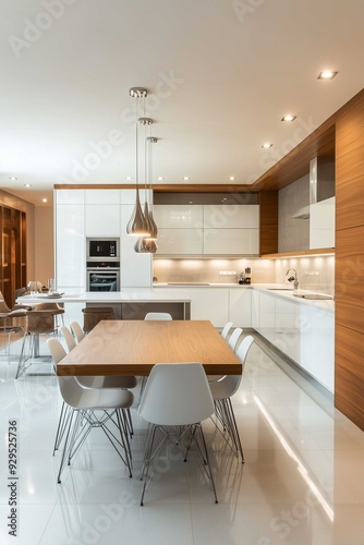 Modern Kitchen and Dining Area with Wooden Table